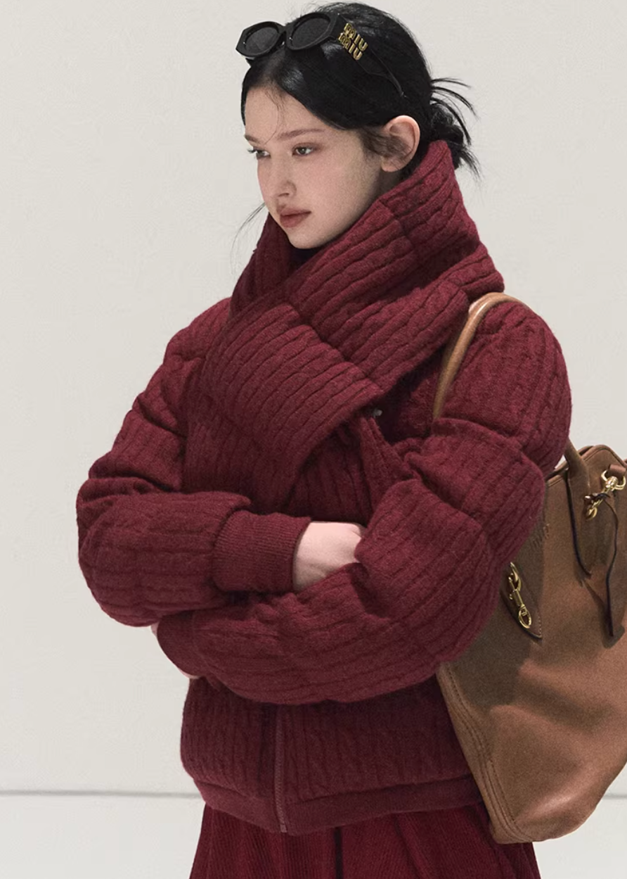 OAKMOO down jacket, white goose down jacket, cable knit down coat, Korean winter jacket women, contrast embroidery jacket, premium down outerwear, cozy winter puffer women, stylish Korean down jacket, holiday winter jacket women, high collar down coat, luxury goose down jacket, modern Korean fashion outerwear, warm lightweight down jacket, winter statement coat, designer down jacket women