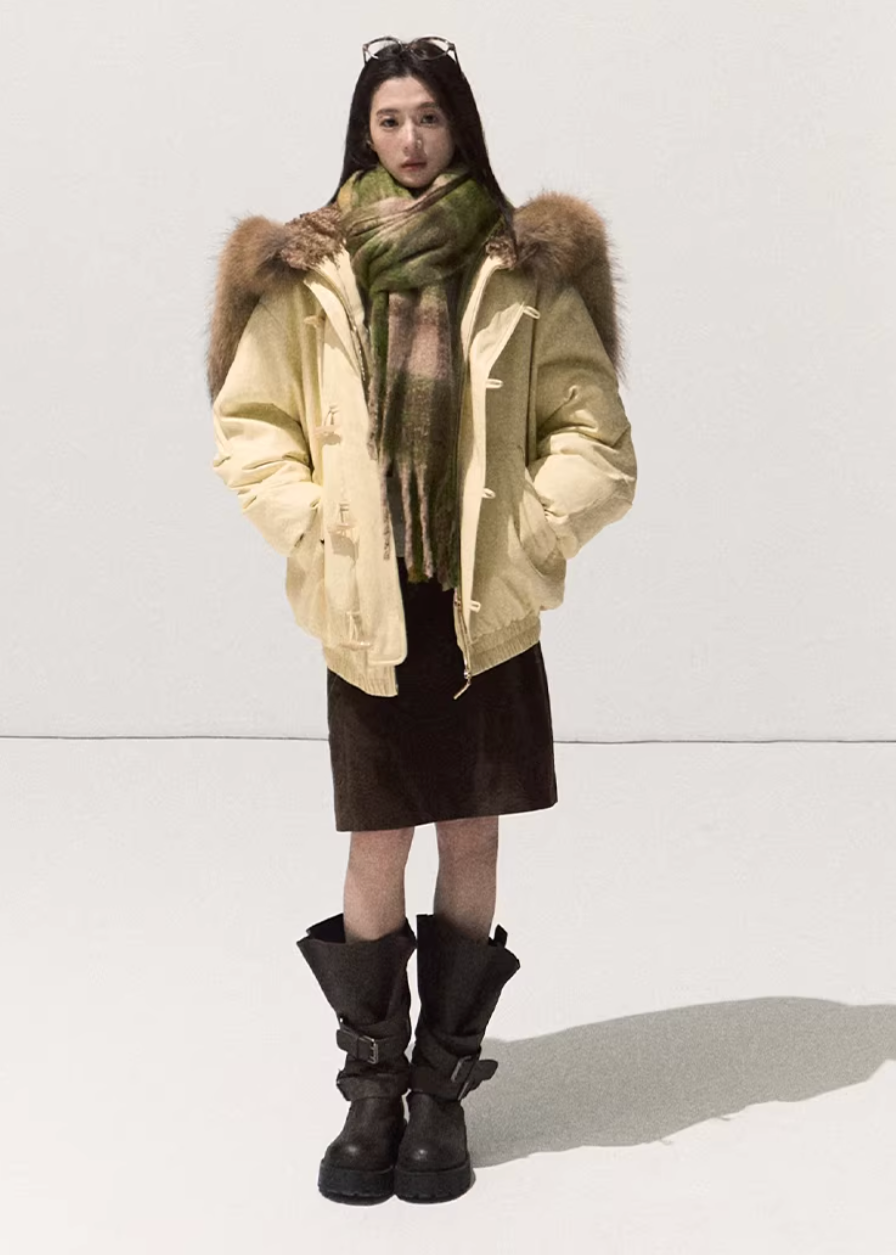 OAKMOO down parka, raccoon fur collar jacket, white duck down parka women, Korean winter parka, luxury fur down coat, detachable fur hood jacket, premium winter outerwear women, Finnish fur down jacket, warm winter parka women, oversized Korean parka, cold weather down jacket, stylish winter coat women, hooded down parka, snow-ready winter jacket, designer Korean outerwear
