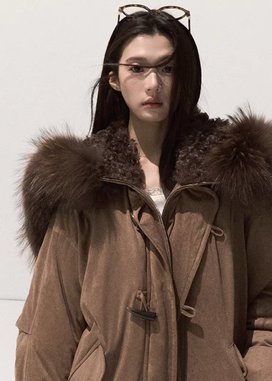 OAKMOO down parka, raccoon fur collar jacket, white duck down parka women, Korean winter parka, luxury fur down coat, detachable fur hood jacket, premium winter outerwear women, Finnish fur down jacket, warm winter parka women, oversized Korean parka, cold weather down jacket, stylish winter coat women, hooded down parka, snow-ready winter jacket, designer Korean outerwear