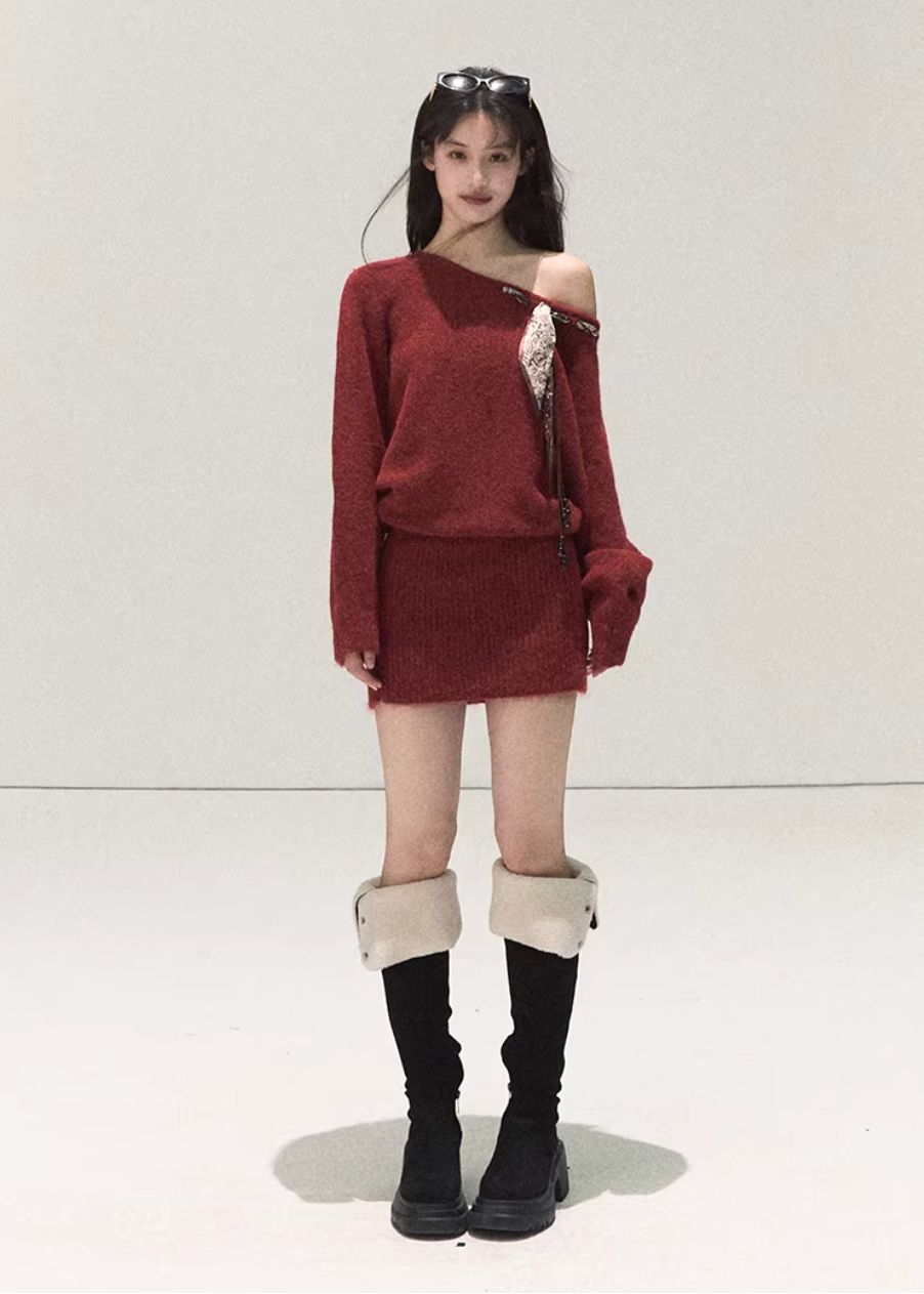 OAKMOO red knit dress, Christmas knit dress women, Korean winter mini dress, one shoulder knit dress, scarf detail knit dress, festive winter dress, slim fit knit dress, holiday outfit women, Korean stylish dress, warm wool knit dress, red winter dress, feminine knit mini dress, Christmas gift dress women, chic winter knit dress