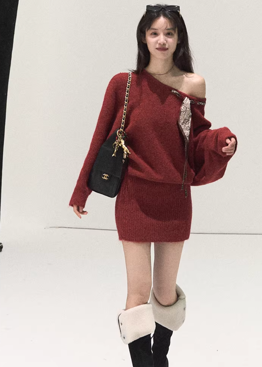 OAKMOO red knit dress, Christmas knit dress women, Korean winter mini dress, one shoulder knit dress, scarf detail knit dress, festive winter dress, slim fit knit dress, holiday outfit women, Korean stylish dress, warm wool knit dress, red winter dress, feminine knit mini dress, Christmas gift dress women, chic winter knit dress