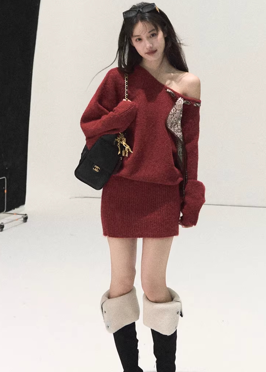 OAKMOO red knit dress, Christmas knit dress women, Korean winter mini dress, one shoulder knit dress, scarf detail knit dress, festive winter dress, slim fit knit dress, holiday outfit women, Korean stylish dress, warm wool knit dress, red winter dress, feminine knit mini dress, Christmas gift dress women, chic winter knit dress
