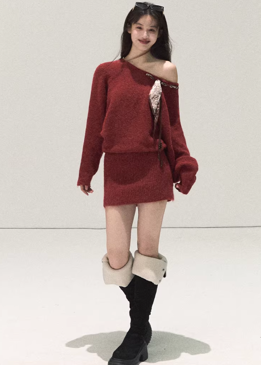 OAKMOO red knit dress, Christmas knit dress women, Korean winter mini dress, one shoulder knit dress, scarf detail knit dress, festive winter dress, slim fit knit dress, holiday outfit women, Korean stylish dress, warm wool knit dress, red winter dress, feminine knit mini dress, Christmas gift dress women, chic winter knit dress