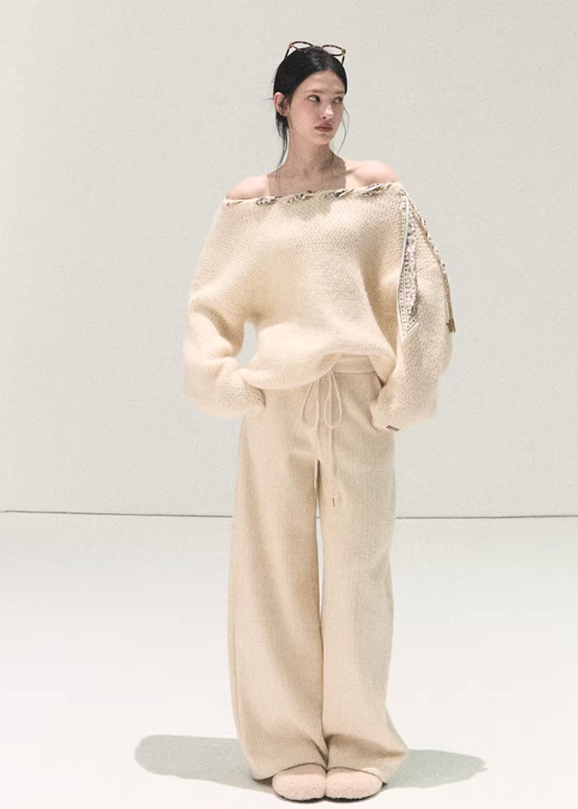 OAKMOO alpaca wool sweater, Korean slanted shoulder knit, one shoulder winter sweater, silk scarf knit top, women’s alpaca sweater, Korean stylish winter top, soft wool knit women, asymmetric knit sweater, premium wool sweater women, minimalist Korean fashion, elegant winter knit top, OAKMOO winter sweater