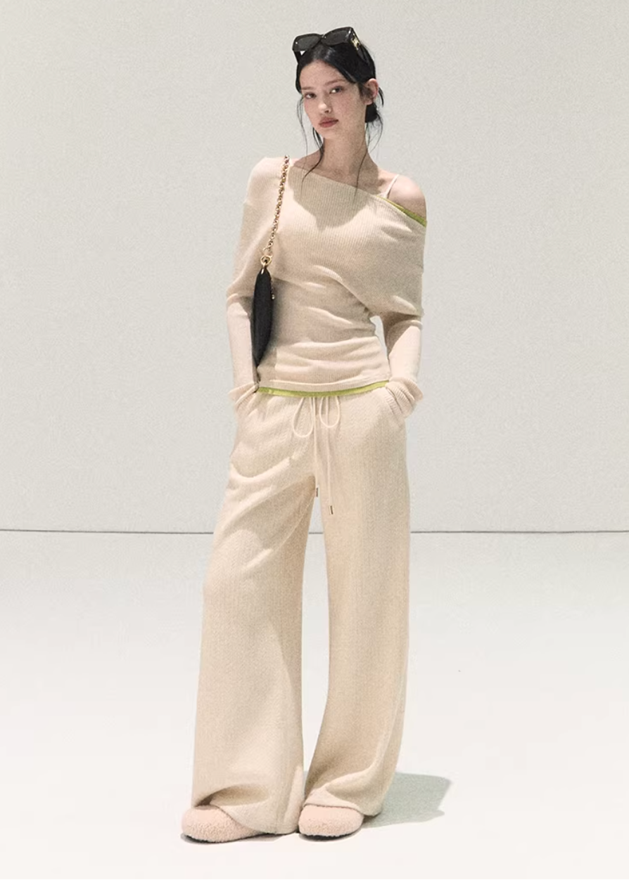 OAKMOO knit pants, Korean wide-leg pants, women’s knit trousers, high-waisted knit pants, soft winter pants women, loose fit knit pants, Korean minimal style pants, cozy wide pants, elastic waist knit trousers, winter lounge pants women, OAKMOO winter bottoms, soft straight-leg pants