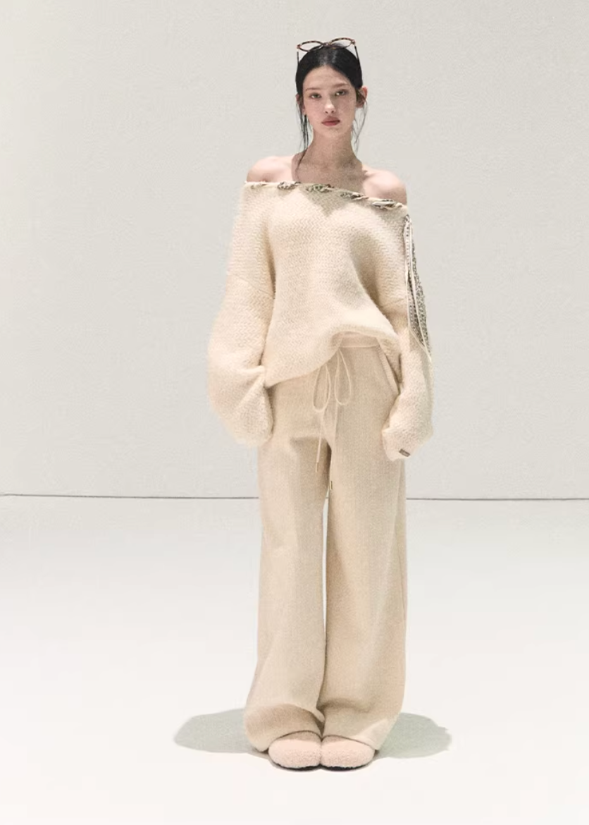 OAKMOO knit pants, Korean wide-leg pants, women’s knit trousers, high-waisted knit pants, soft winter pants women, loose fit knit pants, Korean minimal style pants, cozy wide pants, elastic waist knit trousers, winter lounge pants women, OAKMOO winter bottoms, soft straight-leg pants
