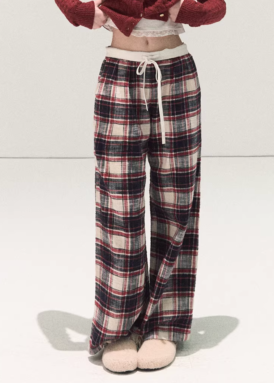 OAKMOO plaid pants, Korean wide-leg pants women, cotton plaid pants winter, lazy style pants women, brushed cotton trousers, Korean casual winter pants, women’s wide-leg plaid pants, elastic waist winter pants, cozy lounge pants women, OAKMOO winter bottoms, Korean fashion casual trousers, relaxed fit plaid pants