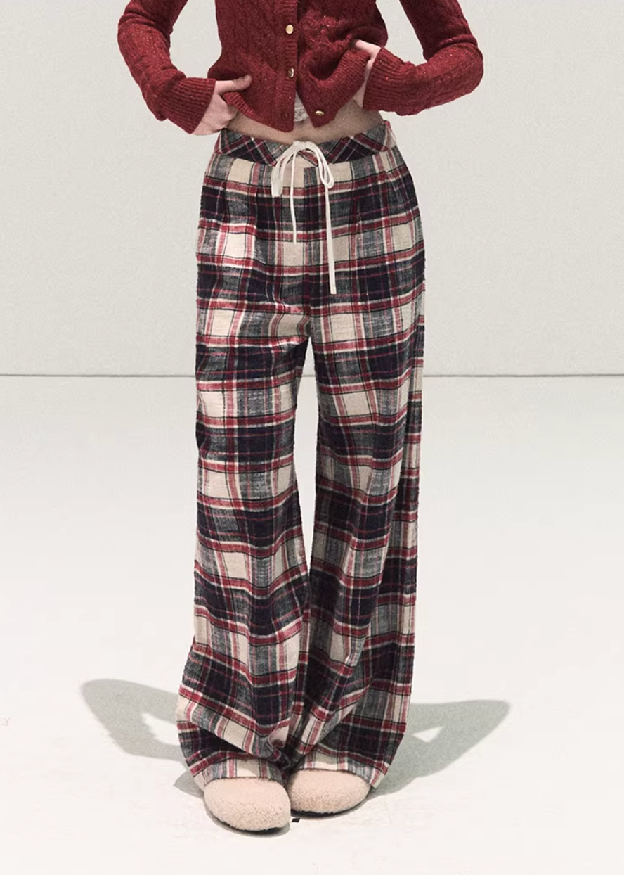 OAKMOO plaid pants, Korean wide-leg pants women, cotton plaid pants winter, lazy style pants women, brushed cotton trousers, Korean casual winter pants, women’s wide-leg plaid pants, elastic waist winter pants, cozy lounge pants women, OAKMOO winter bottoms, Korean fashion casual trousers, relaxed fit plaid pants