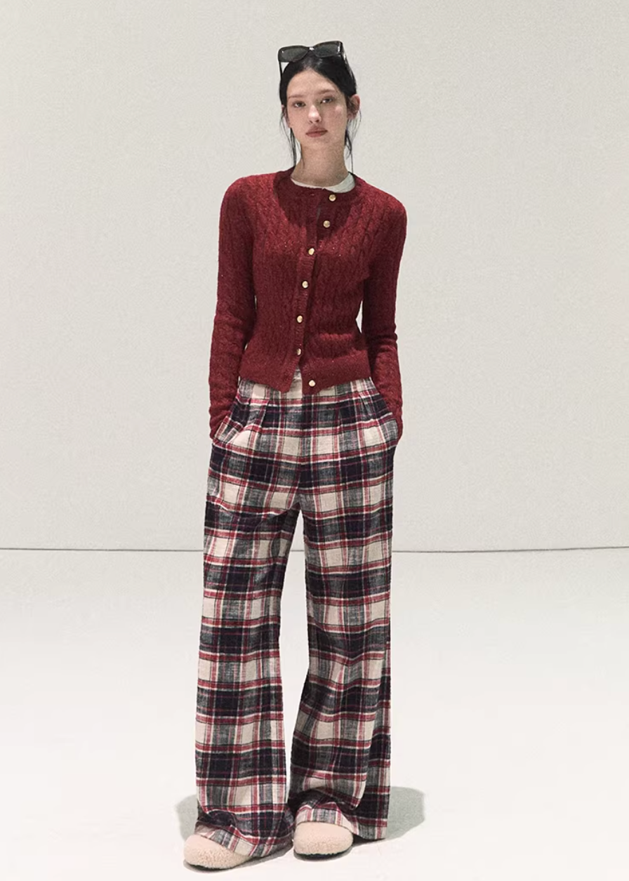 OAKMOO plaid pants, Korean wide-leg pants women, cotton plaid pants winter, lazy style pants women, brushed cotton trousers, Korean casual winter pants, women’s wide-leg plaid pants, elastic waist winter pants, cozy lounge pants women, OAKMOO winter bottoms, Korean fashion casual trousers, relaxed fit plaid pants