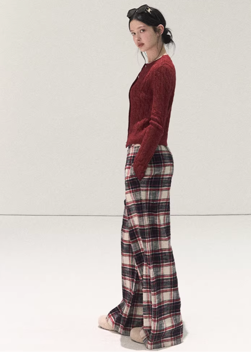 OAKMOO plaid pants, Korean wide-leg pants women, cotton plaid pants winter, lazy style pants women, brushed cotton trousers, Korean casual winter pants, women’s wide-leg plaid pants, elastic waist winter pants, cozy lounge pants women, OAKMOO winter bottoms, Korean fashion casual trousers, relaxed fit plaid pants