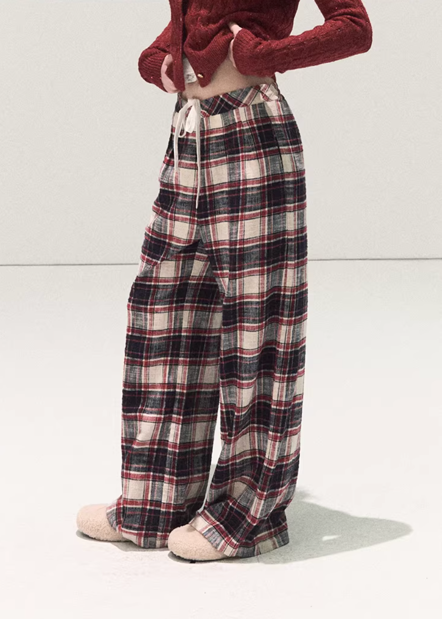 OAKMOO plaid pants, Korean wide-leg pants women, cotton plaid pants winter, lazy style pants women, brushed cotton trousers, Korean casual winter pants, women’s wide-leg plaid pants, elastic waist winter pants, cozy lounge pants women, OAKMOO winter bottoms, Korean fashion casual trousers, relaxed fit plaid pants