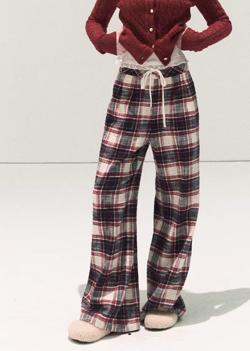 OAKMOO plaid pants, Korean wide-leg pants women, cotton plaid pants winter, lazy style pants women, brushed cotton trousers, Korean casual winter pants, women’s wide-leg plaid pants, elastic waist winter pants, cozy lounge pants women, OAKMOO winter bottoms, Korean fashion casual trousers, relaxed fit plaid pants
