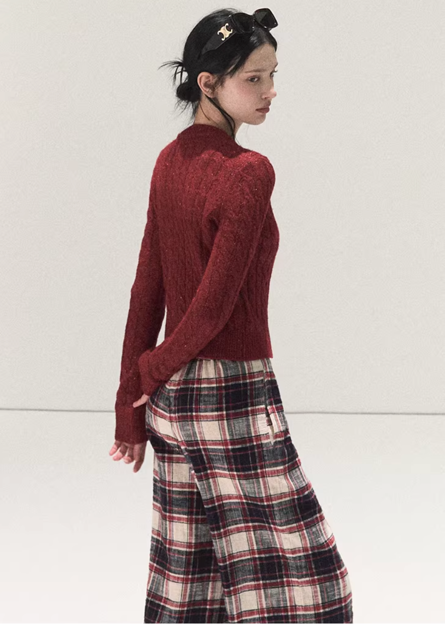 OAKMOO plaid pants, Korean wide-leg pants women, cotton plaid pants winter, lazy style pants women, brushed cotton trousers, Korean casual winter pants, women’s wide-leg plaid pants, elastic waist winter pants, cozy lounge pants women, OAKMOO winter bottoms, Korean fashion casual trousers, relaxed fit plaid pants