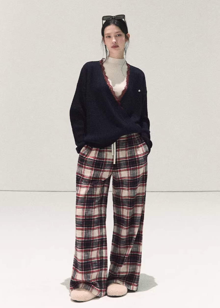OAKMOO plaid pants, Korean wide-leg pants women, cotton plaid pants winter, lazy style pants women, brushed cotton trousers, Korean casual winter pants, women’s wide-leg plaid pants, elastic waist winter pants, cozy lounge pants women, OAKMOO winter bottoms, Korean fashion casual trousers, relaxed fit plaid pants