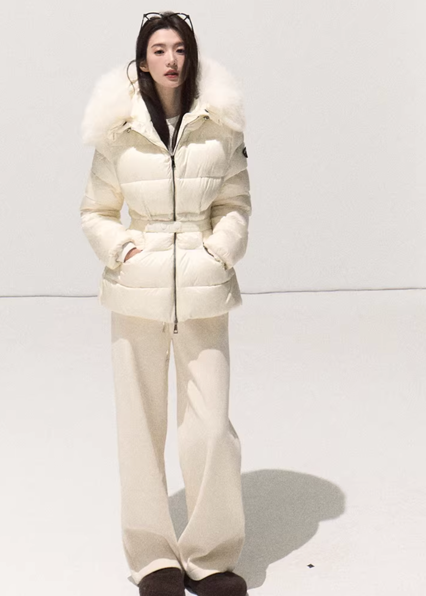 OAKMOO down jacket, white duck down jacket women, Korean luxury down coat, fur collar down jacket, hooded down jacket women, white winter down coat, OAKMOO winter outerwear, imitation fox fur jacket, waist slimming down jacket, elegant Korean winter coat, women’s luxury down jacket