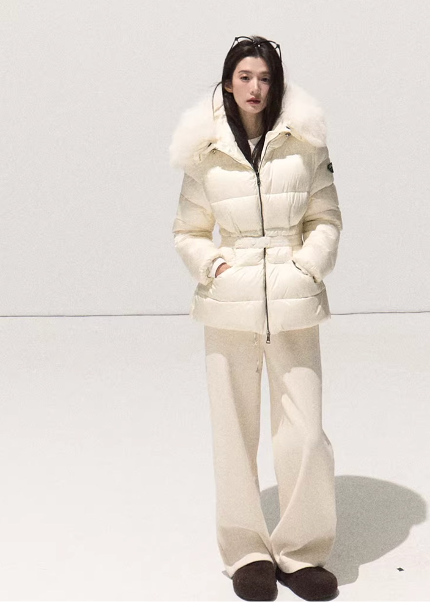 OAKMOO down jacket, white duck down jacket women, Korean luxury down coat, fur collar down jacket, hooded down jacket women, white winter down coat, OAKMOO winter outerwear, imitation fox fur jacket, waist slimming down jacket, elegant Korean winter coat, women’s luxury down jacket
