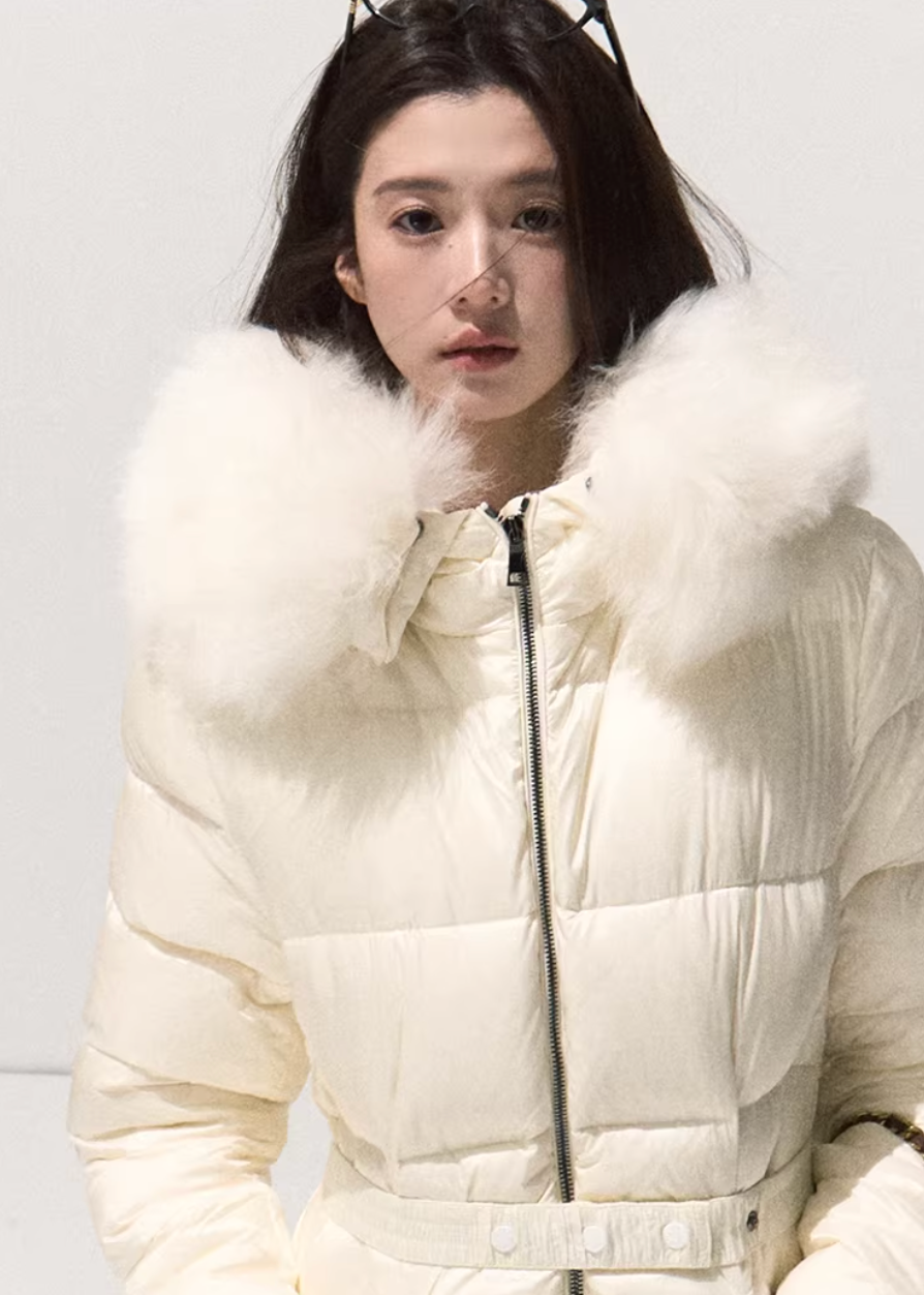 OAKMOO down jacket, white duck down jacket women, Korean luxury down coat, fur collar down jacket, hooded down jacket women, white winter down coat, OAKMOO winter outerwear, imitation fox fur jacket, waist slimming down jacket, elegant Korean winter coat, women’s luxury down jacket