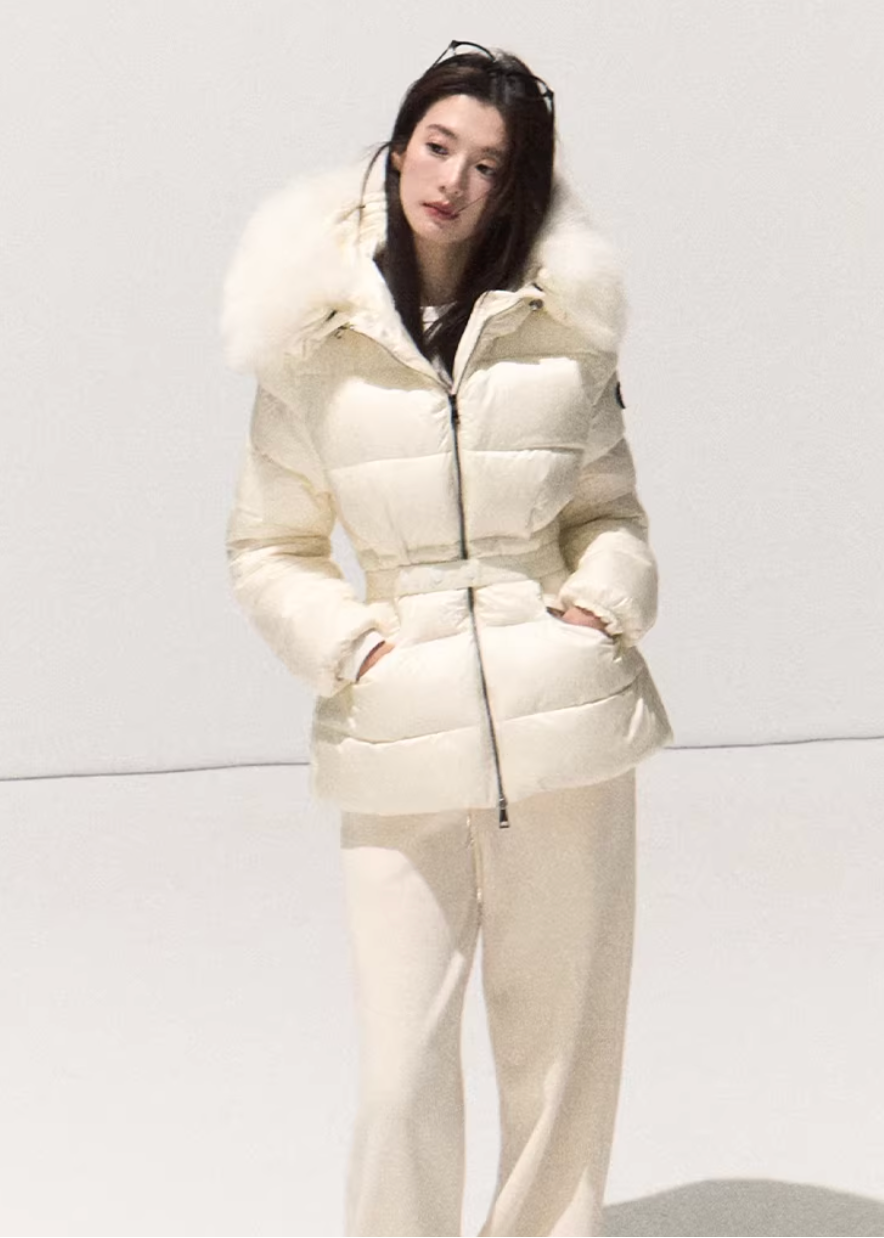 OAKMOO down jacket, white duck down jacket women, Korean luxury down coat, fur collar down jacket, hooded down jacket women, white winter down coat, OAKMOO winter outerwear, imitation fox fur jacket, waist slimming down jacket, elegant Korean winter coat, women’s luxury down jacket