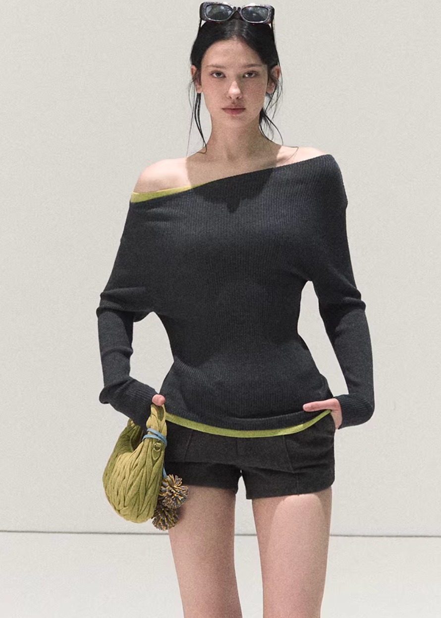 OAKMOO knit top, slanted shoulder top women, asymmetric knit top, Korean winter top, slim fit knit shirt, long sleeve knit top women, OAKMOO winter collection, Christmas knit top, women’s bottoming top, Korean style layering top, off shoulder knit top, winter inner top women