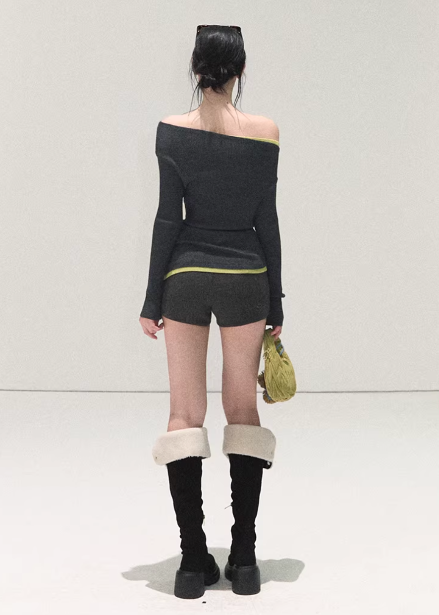 OAKMOO knit top, slanted shoulder top women, asymmetric knit top, Korean winter top, slim fit knit shirt, long sleeve knit top women, OAKMOO winter collection, Christmas knit top, women’s bottoming top, Korean style layering top, off shoulder knit top, winter inner top women