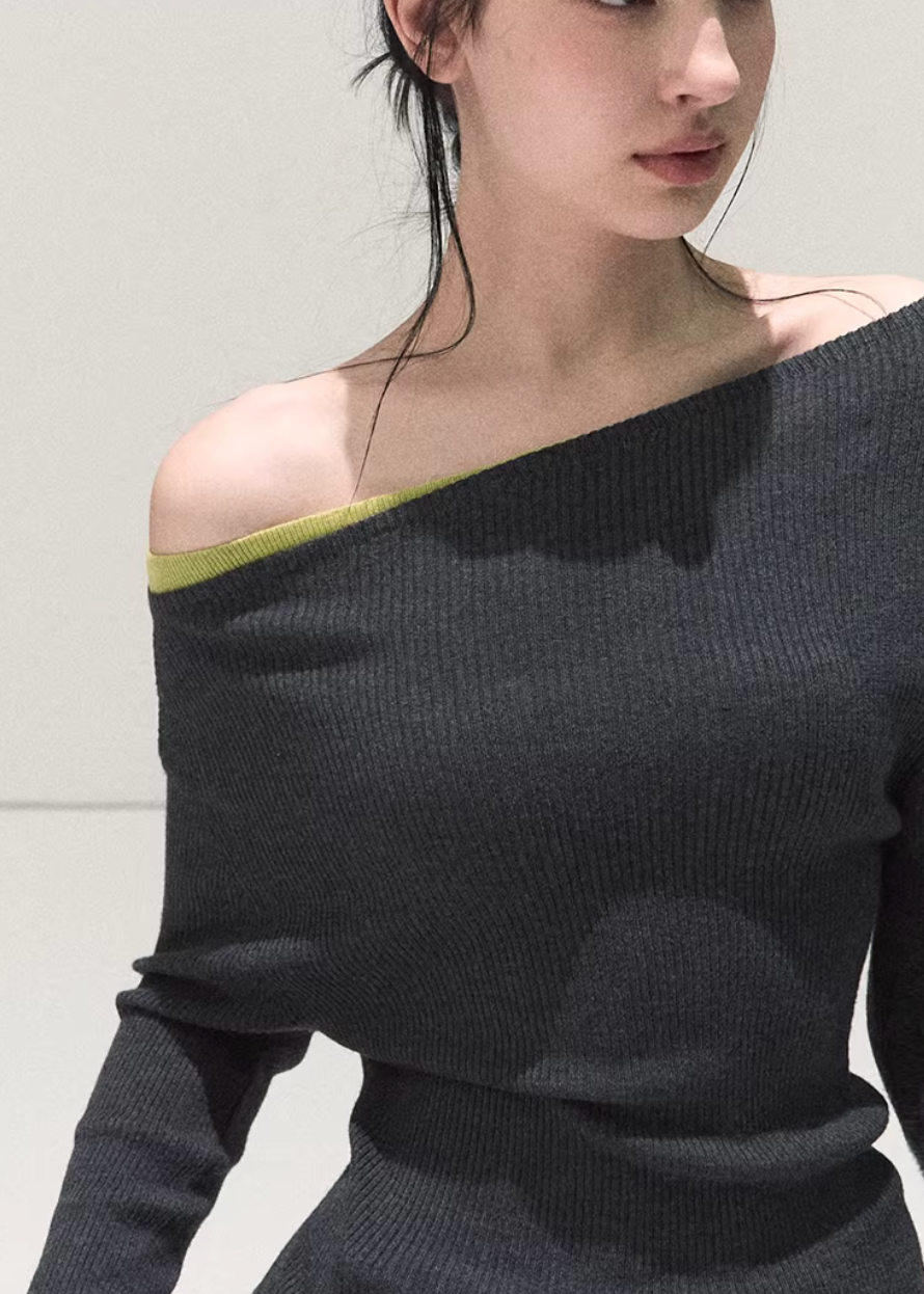 OAKMOO knit top, slanted shoulder top women, asymmetric knit top, Korean winter top, slim fit knit shirt, long sleeve knit top women, OAKMOO winter collection, Christmas knit top, women’s bottoming top, Korean style layering top, off shoulder knit top, winter inner top women