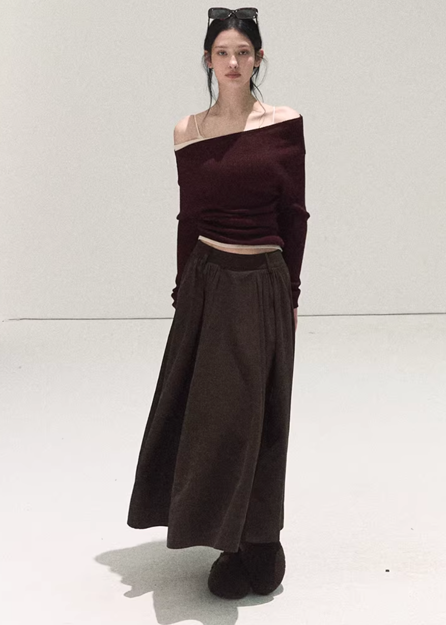 OAKMOO knit top, slanted shoulder top women, asymmetric knit top, Korean winter top, slim fit knit shirt, long sleeve knit top women, OAKMOO winter collection, Christmas knit top, women’s bottoming top, Korean style layering top, off shoulder knit top, winter inner top women