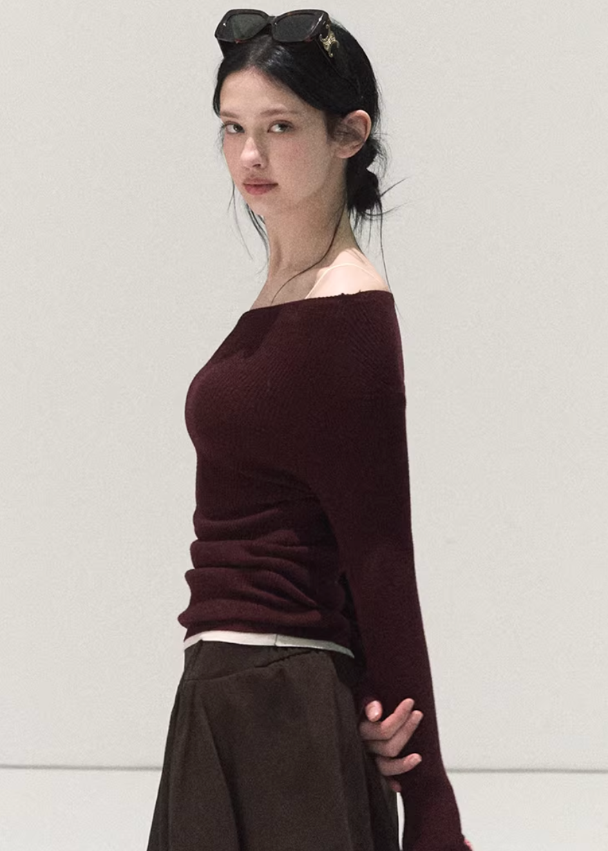 OAKMOO knit top, slanted shoulder top women, asymmetric knit top, Korean winter top, slim fit knit shirt, long sleeve knit top women, OAKMOO winter collection, Christmas knit top, women’s bottoming top, Korean style layering top, off shoulder knit top, winter inner top women