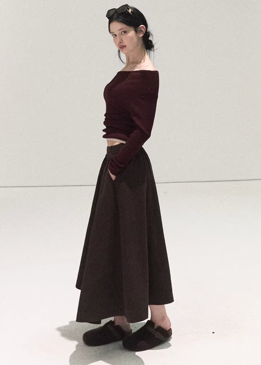 OAKMOO knit top, slanted shoulder top women, asymmetric knit top, Korean winter top, slim fit knit shirt, long sleeve knit top women, OAKMOO winter collection, Christmas knit top, women’s bottoming top, Korean style layering top, off shoulder knit top, winter inner top women