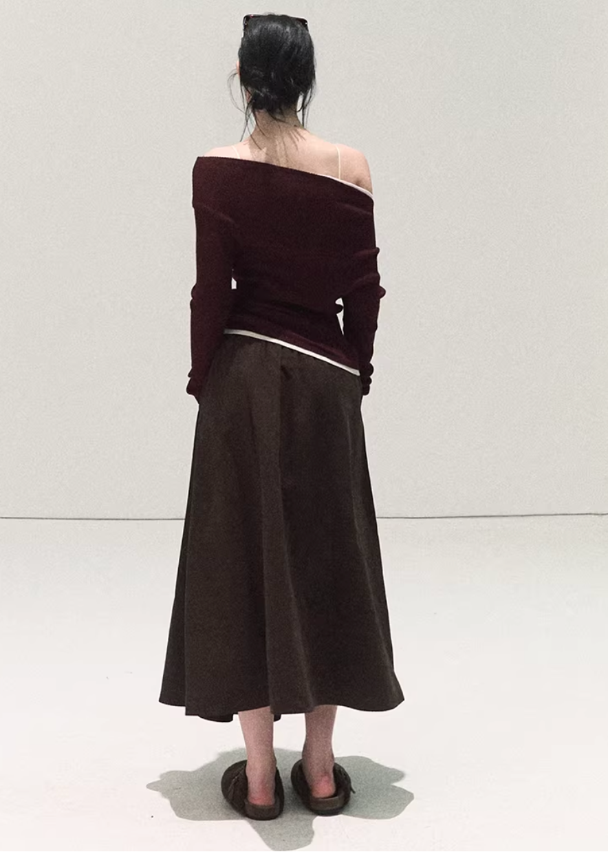OAKMOO knit top, slanted shoulder top women, asymmetric knit top, Korean winter top, slim fit knit shirt, long sleeve knit top women, OAKMOO winter collection, Christmas knit top, women’s bottoming top, Korean style layering top, off shoulder knit top, winter inner top women