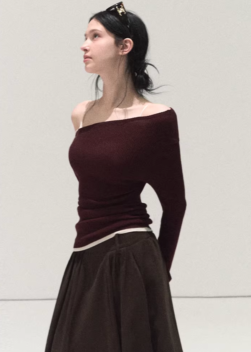 OAKMOO knit top, slanted shoulder top women, asymmetric knit top, Korean winter top, slim fit knit shirt, long sleeve knit top women, OAKMOO winter collection, Christmas knit top, women’s bottoming top, Korean style layering top, off shoulder knit top, winter inner top women