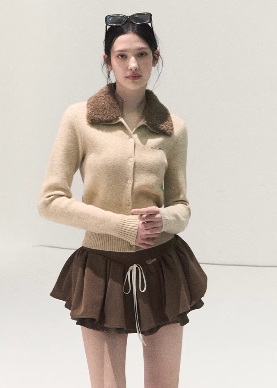 OAKMOO knit cardigan, wool cardigan women, detachable fur collar sweater, embroidered knit cardigan, Korean style winter cardigan, women’s wool sweater, OAKMOO winter collection, slim fit knit cardigan, faux fur collar sweater, elegant winter knitwear, button front wool cardigan, feminine Korean fashion