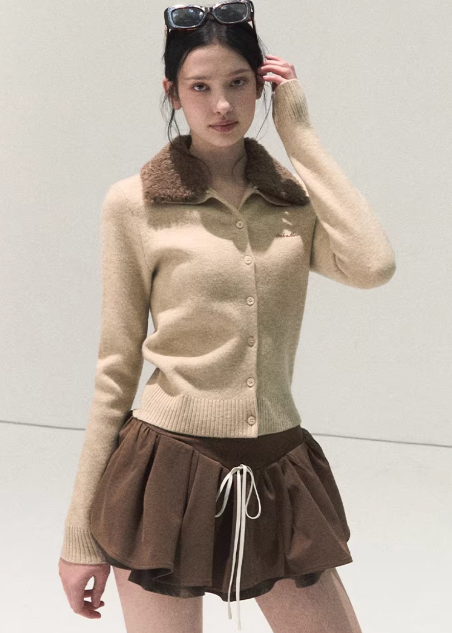 OAKMOO knit cardigan, wool cardigan women, detachable fur collar sweater, embroidered knit cardigan, Korean style winter cardigan, women’s wool sweater, OAKMOO winter collection, slim fit knit cardigan, faux fur collar sweater, elegant winter knitwear, button front wool cardigan, feminine Korean fashion