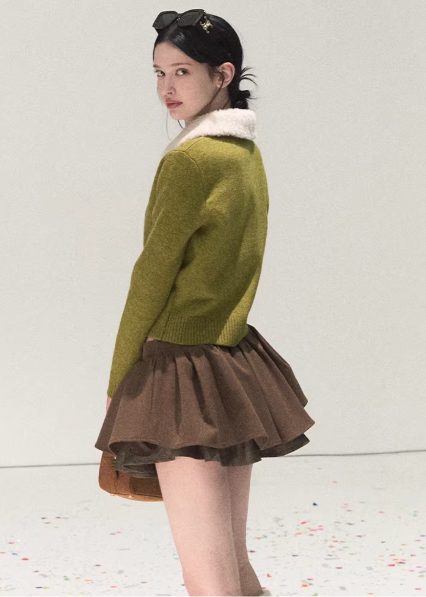 OAKMOO skirt, puff culotte skirt, mini skort women, Korean puff skirt, TR fabric skirt, layered culottes women, fall winter mini skirt, Korean fashion skort, elastic waist mini skirt, contrast plaid skirt, OAKMOO winter bottoms, short culotte skirt