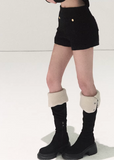 OAKMOO shorts, wool mini shorts, winter wool shorts women, holiday wool shorts, Korean winter shorts, Christmas outfit shorts, high waist wool shorts, tailored mini shorts, festive winter fashion, OAKMOO bottoms, warm short slacks women, Korean chic winter wear