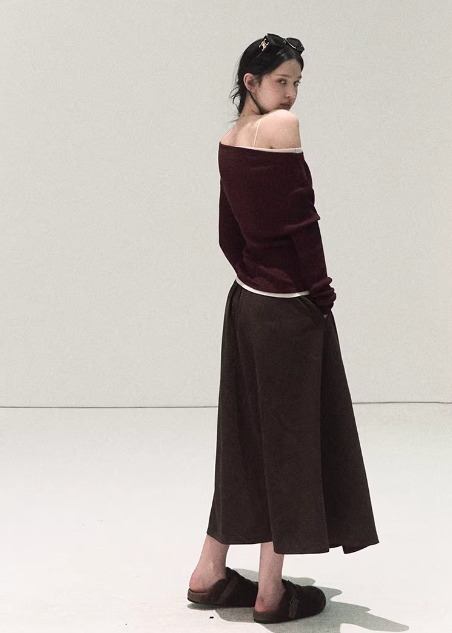 OAKMOO long skirt, A-line pleated skirt women, autumn winter skirt, silk drape skirt, high waist long skirt, Korean elegant skirt, slimming A-line skirt, versatile pleated skirt, minimalist long skirt, OAKMOO women skirt, winter fashion skirt, flowy long skirt