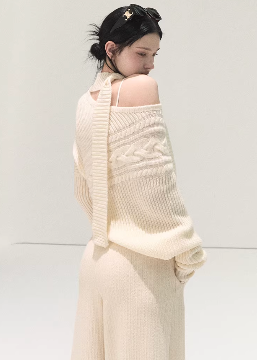 OAKMOO sweater, off shoulder knit sweater, wool knit top women, Korean lazy style sweater, asymmetric knit top, winter warm sweater women, scarf knit sweater, slanted shoulder sweater, OAKMOO winter top, minimalist Korean fashion, cozy wool sweater, women winter knitwear