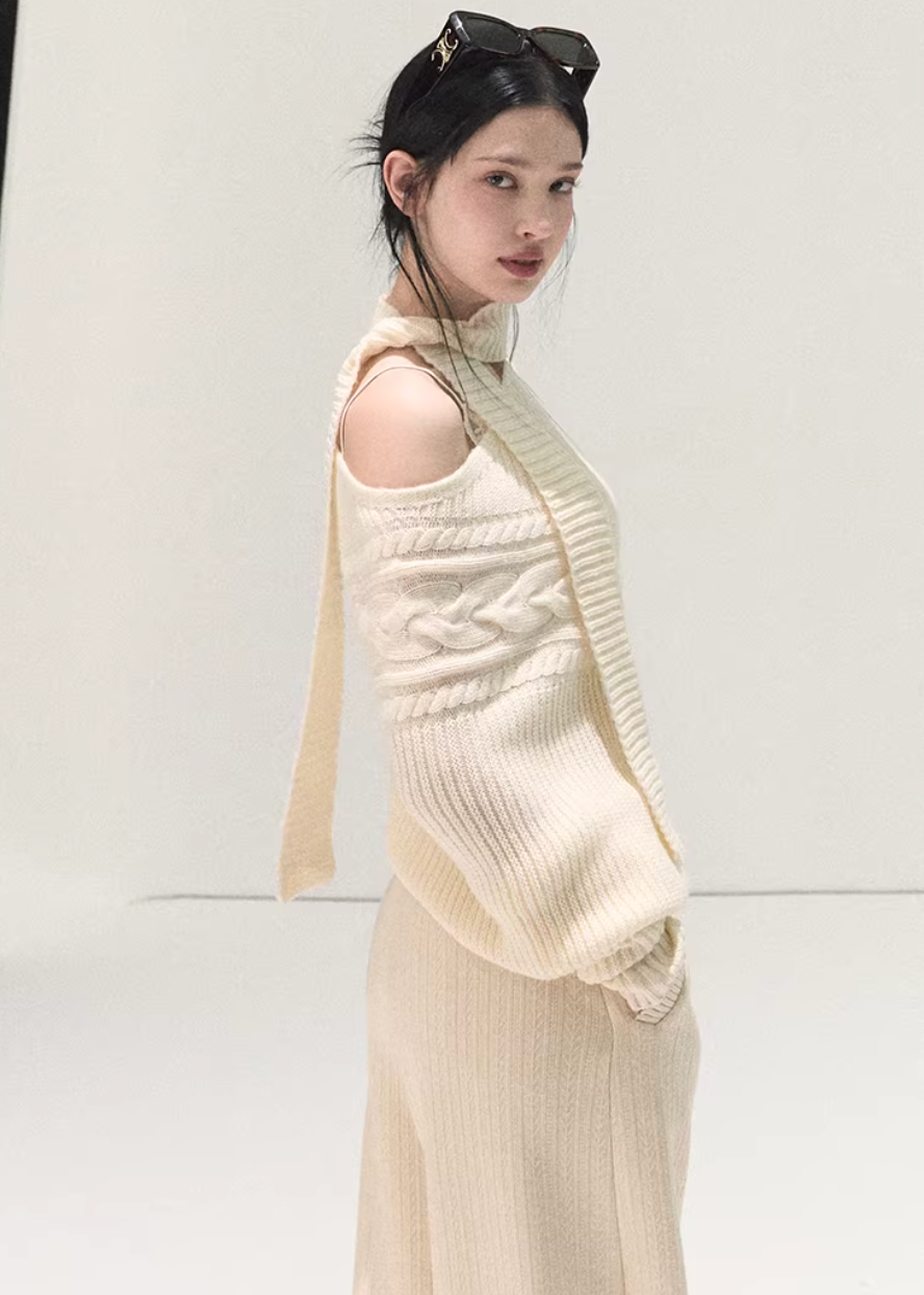 OAKMOO sweater, off shoulder knit sweater, wool knit top women, Korean lazy style sweater, asymmetric knit top, winter warm sweater women, scarf knit sweater, slanted shoulder sweater, OAKMOO winter top, minimalist Korean fashion, cozy wool sweater, women winter knitwear