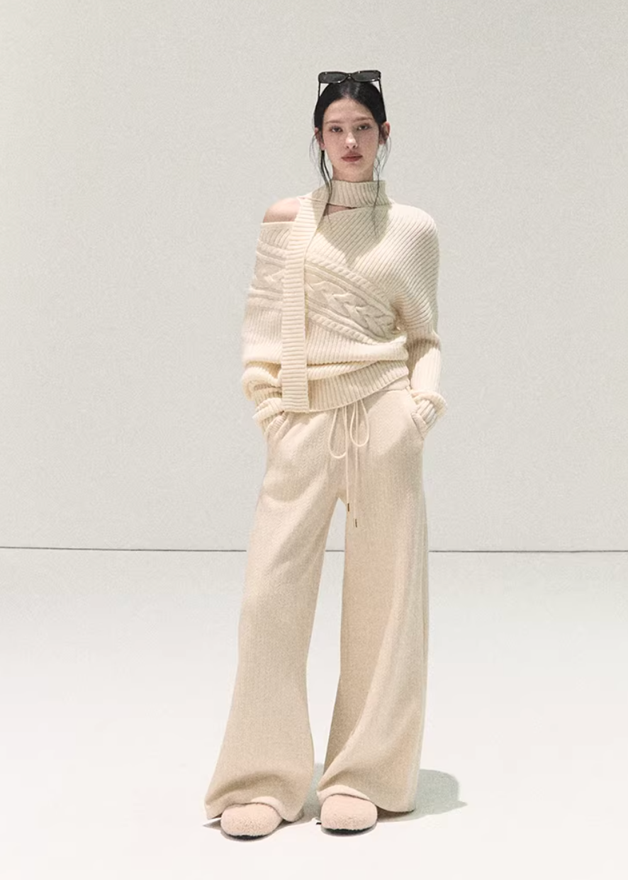 OAKMOO sweater, off shoulder knit sweater, wool knit top women, Korean lazy style sweater, asymmetric knit top, winter warm sweater women, scarf knit sweater, slanted shoulder sweater, OAKMOO winter top, minimalist Korean fashion, cozy wool sweater, women winter knitwear