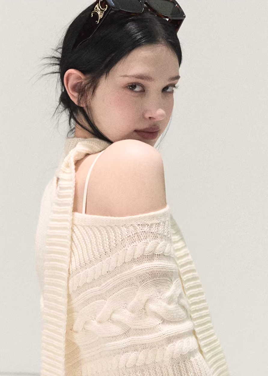 OAKMOO sweater, off shoulder knit sweater, wool knit top women, Korean lazy style sweater, asymmetric knit top, winter warm sweater women, scarf knit sweater, slanted shoulder sweater, OAKMOO winter top, minimalist Korean fashion, cozy wool sweater, women winter knitwear