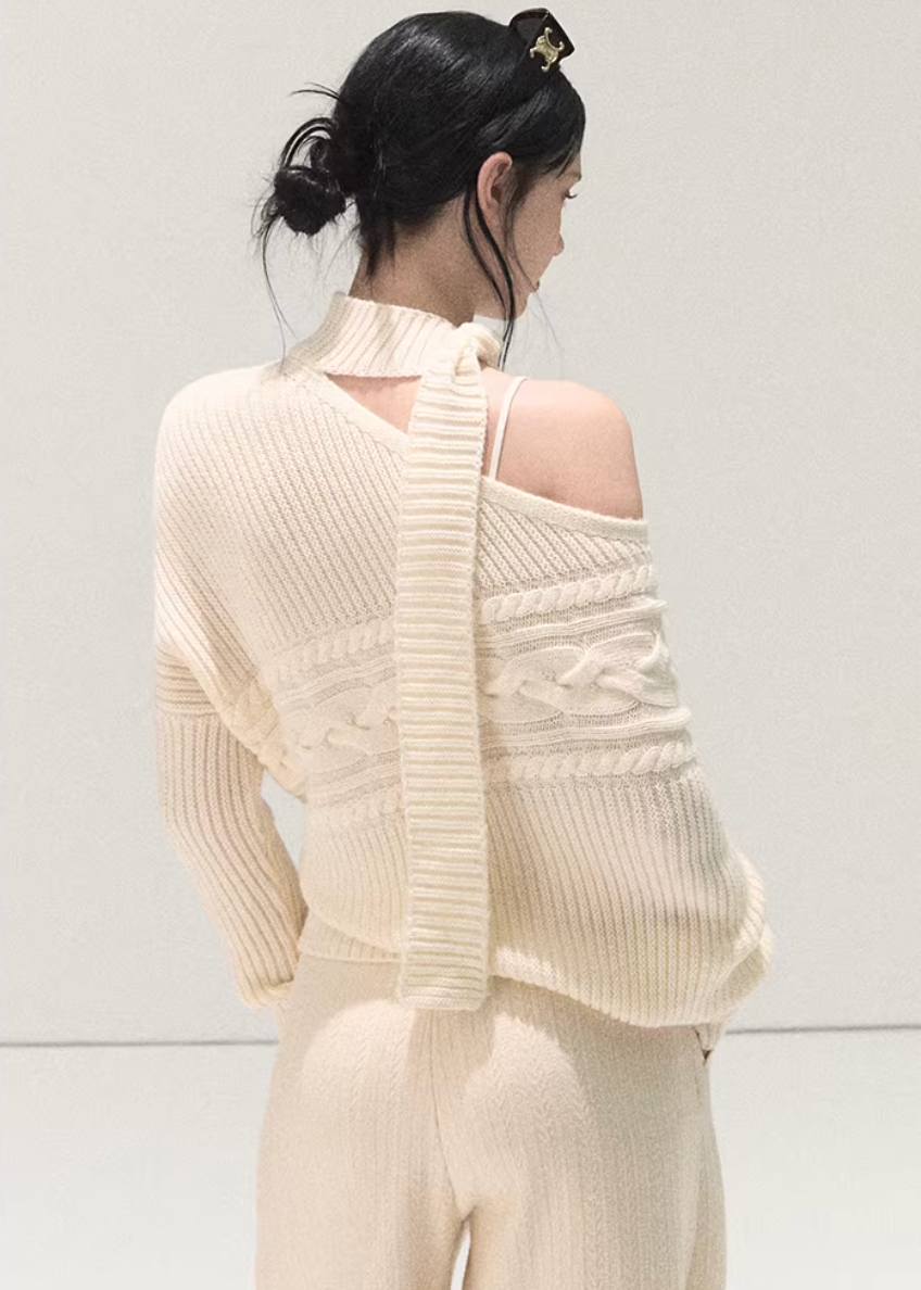 OAKMOO sweater, off shoulder knit sweater, wool knit top women, Korean lazy style sweater, asymmetric knit top, winter warm sweater women, scarf knit sweater, slanted shoulder sweater, OAKMOO winter top, minimalist Korean fashion, cozy wool sweater, women winter knitwear