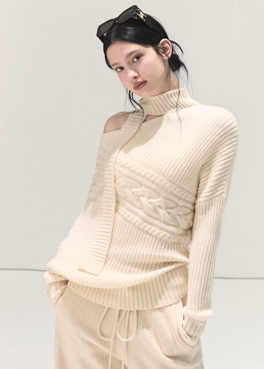 OAKMOO sweater, off shoulder knit sweater, wool knit top women, Korean lazy style sweater, asymmetric knit top, winter warm sweater women, scarf knit sweater, slanted shoulder sweater, OAKMOO winter top, minimalist Korean fashion, cozy wool sweater, women winter knitwear