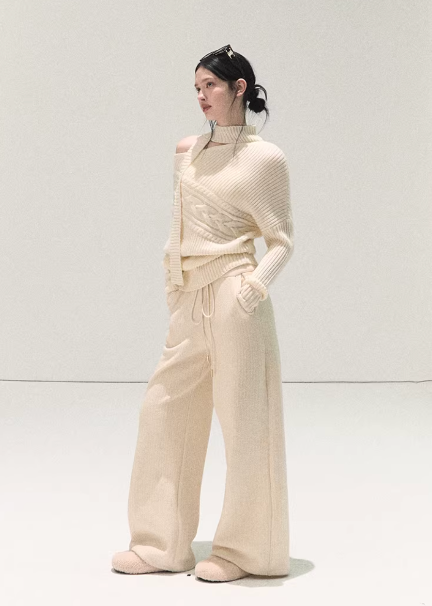 OAKMOO sweater, off shoulder knit sweater, wool knit top women, Korean lazy style sweater, asymmetric knit top, winter warm sweater women, scarf knit sweater, slanted shoulder sweater, OAKMOO winter top, minimalist Korean fashion, cozy wool sweater, women winter knitwear