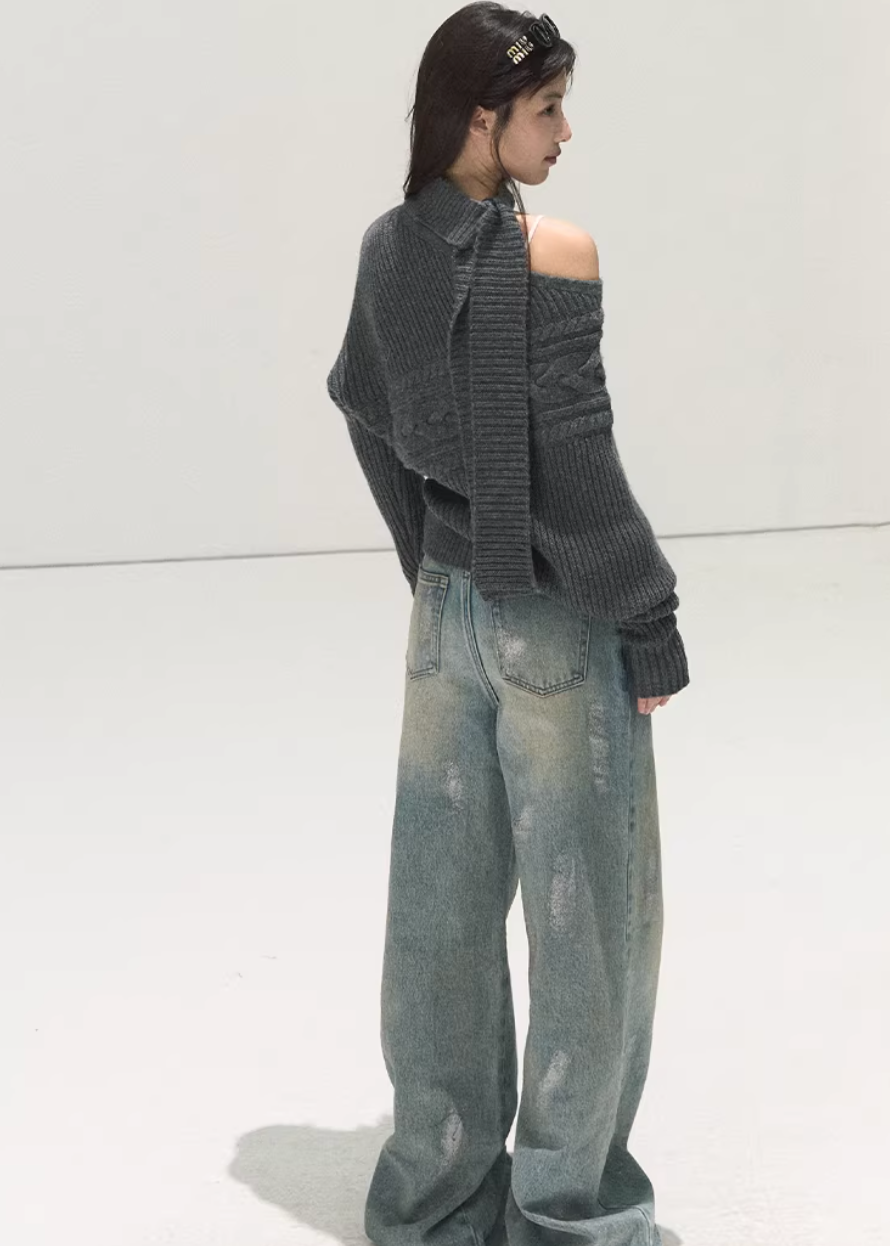 OAKMOO sweater, off shoulder knit sweater, wool knit top women, Korean lazy style sweater, asymmetric knit top, winter warm sweater women, scarf knit sweater, slanted shoulder sweater, OAKMOO winter top, minimalist Korean fashion, cozy wool sweater, women winter knitwear