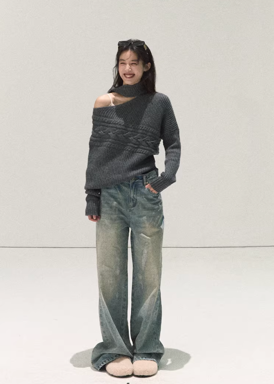 OAKMOO sweater, off shoulder knit sweater, wool knit top women, Korean lazy style sweater, asymmetric knit top, winter warm sweater women, scarf knit sweater, slanted shoulder sweater, OAKMOO winter top, minimalist Korean fashion, cozy wool sweater, women winter knitwear