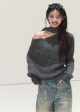 OAKMOO sweater, off shoulder knit sweater, wool knit top women, Korean lazy style sweater, asymmetric knit top, winter warm sweater women, scarf knit sweater, slanted shoulder sweater, OAKMOO winter top, minimalist Korean fashion, cozy wool sweater, women winter knitwear