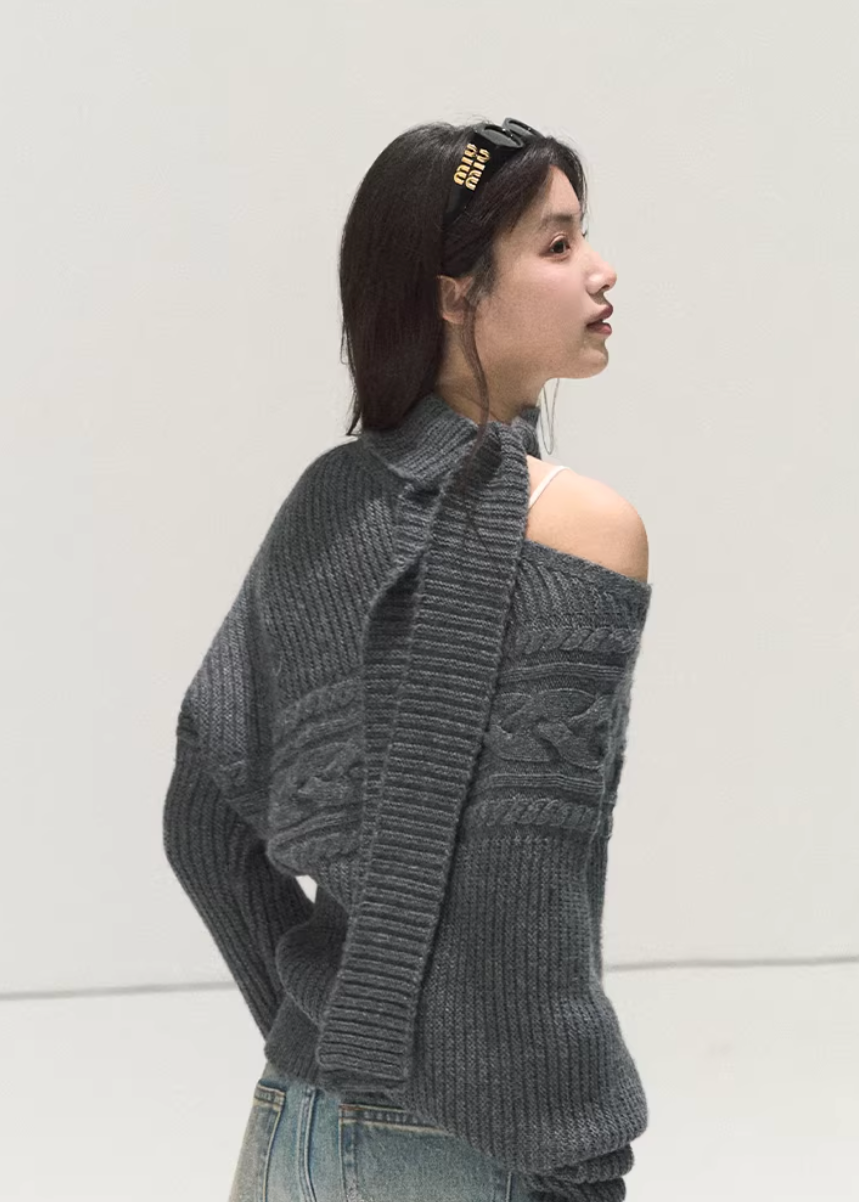 OAKMOO sweater, off shoulder knit sweater, wool knit top women, Korean lazy style sweater, asymmetric knit top, winter warm sweater women, scarf knit sweater, slanted shoulder sweater, OAKMOO winter top, minimalist Korean fashion, cozy wool sweater, women winter knitwear
