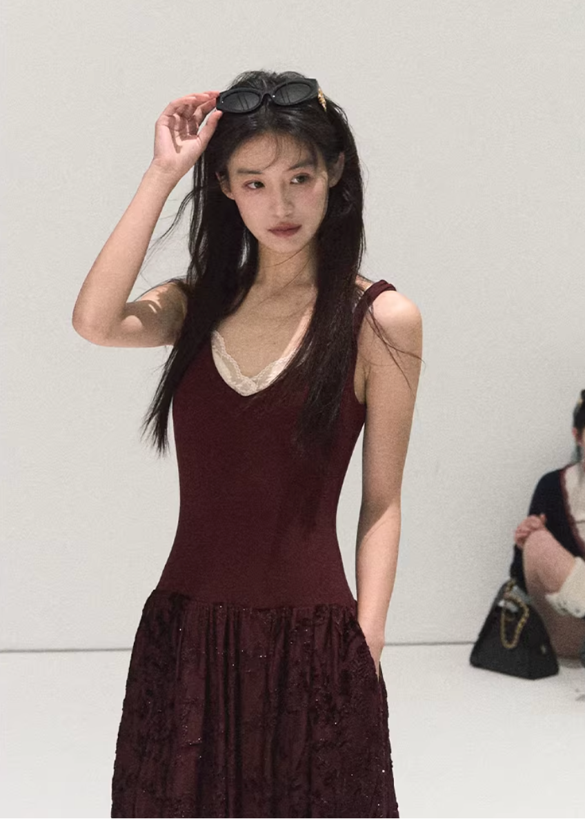 OAKMOO silk dress, jacquard camisole dress, long slip dress women, Korean elegant dress, autumn winter maxi dress, silk touch long dress, minimalist Korean fashion, OAKMOO dress collection, layered winter dress, women temperament dress, refined evening dress, soft drape maxi dress