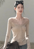 OAKMOO cardigan, lace knit cardigan women, V-neck slim knit top, Korean waist-fit cardigan, feminine lace top winter, elegant knit cardigan women, OAKMOO knitwear, pinch waist knit top, soft Korean style cardigan, slim fit lace cardigan, autumn winter knit top