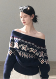 OAKMOO knit sweater, Fair Isle sweater women, Korean wool sweater, off shoulder knit top, winter knit sweater women, gold thread knit, OAKMOO winter top, Korean aesthetic sweater, soft luxury knitwear, Fair Isle pattern sweater, elegant casual winter top