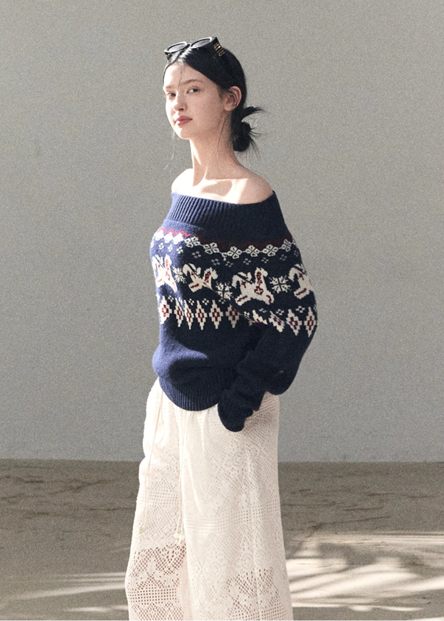 OAKMOO knit sweater, Fair Isle sweater women, Korean wool sweater, off shoulder knit top, winter knit sweater women, gold thread knit, OAKMOO winter top, Korean aesthetic sweater, soft luxury knitwear, Fair Isle pattern sweater, elegant casual winter top